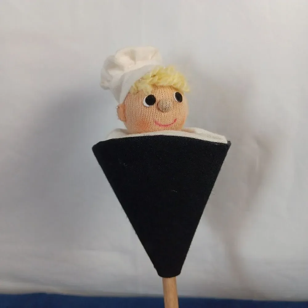 Pop Up Puppet Chef Vintage Wood Handle Chef Hat Blonde Hair Handmade